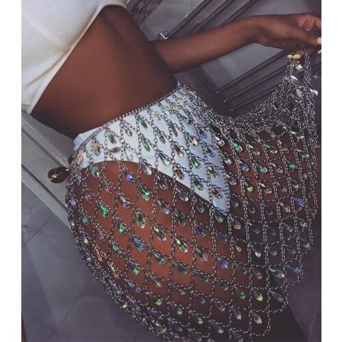 Sexy Bling Metal chain Diamonds sequin skirt Women befree Summer Beach Hollow Colorful gem Queen crystal Night club Party skirts