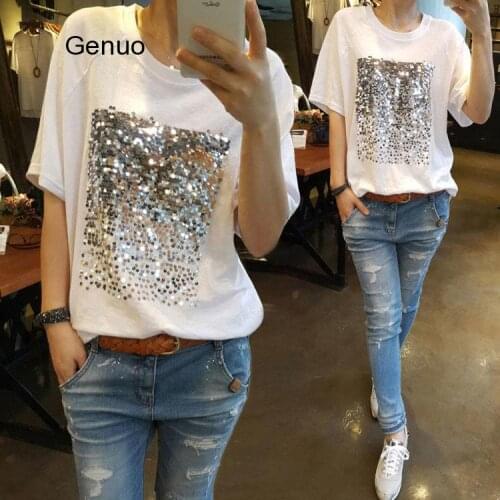 Bling Bling Top Tees Women Korean Style Loose Sequined Short Sleeve T-shirt Casual Top Big Size Streetwear Camiseta Top Mujer
