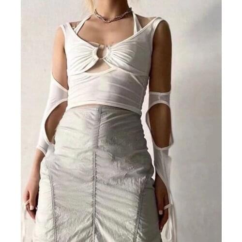 Punk Hollow Out T Shirt Summer Harajuku Solid Lace Up Crop Top Women Grunge Punk Black Halter Tops