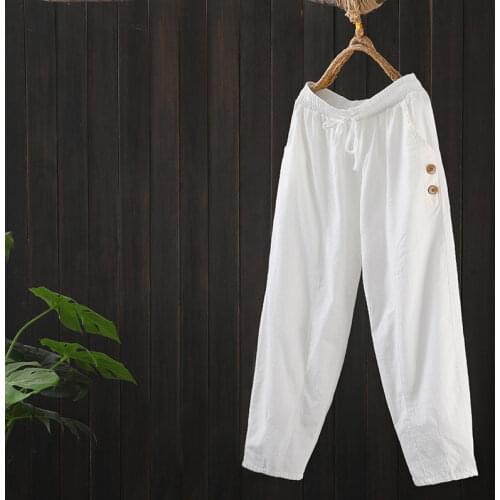 Womens Plus Size Pants Summer Cotton Casual Solid Elastic Waist Harem Pants Women Streetwear Retro Womens Cropped Trousers