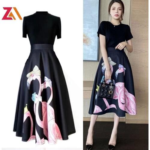 ZALady Goblincore Vintage Printed Black Short Sleeve T-shirt Top And Midi Skirts Elegant Casual Streewear Two 2 Piece Sets Suits