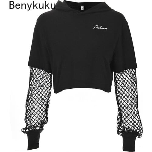 Goth Women Fish Mesh Sleeve Hooded Gothic Navel Bare Cropped Tops Pullovers Grunge Hoodies Hollow Out Casual Sweatshirt 2021