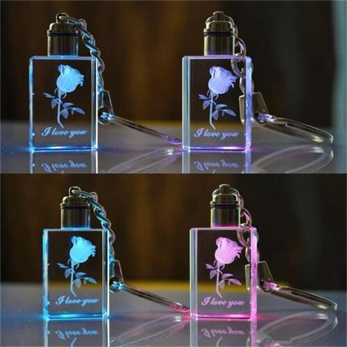 1pc Personality Square Crystal LED Light Change Auto Car Key Chain Key Accessories Gift Rose Pattern Luminous Keyring