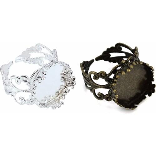10pcs Crown Lace Silver Color Ring Blank Base Antique Bronze Copper Ring Setting Bezel Tray Fit 15mm Cabochon Cameo