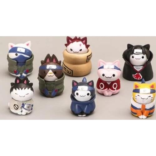 8pcs/Set Kawaii Cute Cat Statue Anime Action Figures Kakashi Gaara Sasuke Itachi PVC Model Collection Kid Gift Toys Antistress