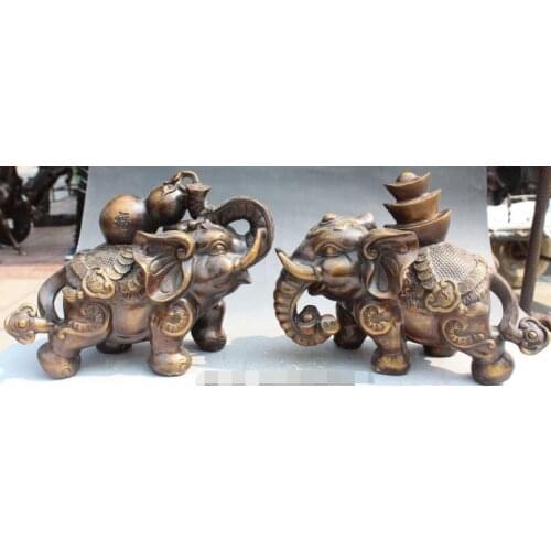 Free shipping S00097 China Bronze Folk Animal Wealth Yuanbao Ru Yi Gourd Afrika Elephant Statue Pair