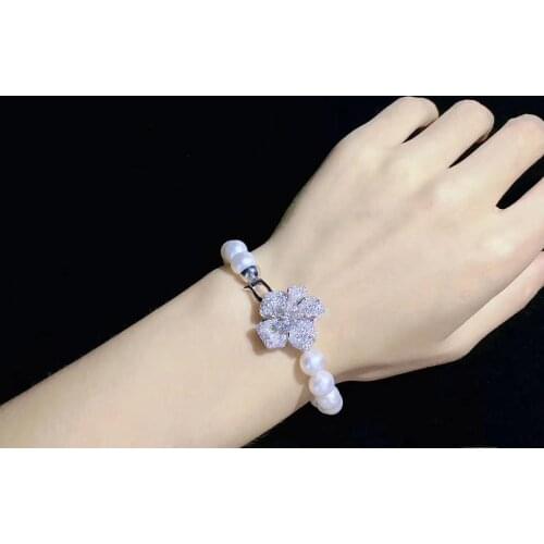 8-9MM natural fresh water pearl bracelet 18Cm accept order any length 925 sterling silver with cubic zircon flower lock