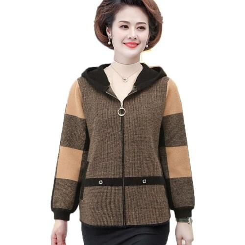 Knitted Woolen Jackets Middle-Aged Elderly Mother Spring Autumn Womens Plaid Coat New Large Size Hooded Outerwear Tops Female