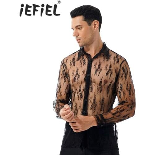 Men Long Sleeve Transparent Sexy T-Shirts Turn-down Collar Clubwear See-through Floral Lace Button Tops Nightclub Costumes