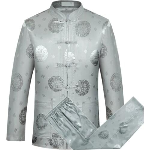 Gray Chinese Dragon Mens Tang Suit Sets Long Sleeve Shirt Long Pants Dragon Kung Fu Suit High Quality Silk Wu Shu Tai Chi Sets
