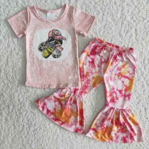 2021 New style hot sale lovely RTS childrens fashion tie-dye boutique toddler Pink girl short sleeve bell bottoms set