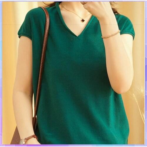 Solid Cotton And Linen T-shirt Womens Short Sleeve Top Loose Thin Tshirt Casual V-neck Knitted Tops Female Summer T-shirts