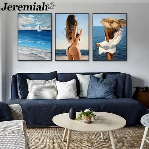 Sexy Beauty Canvas Painting Seaside Landscape Bikini Girl Poster Wall Art Modern Home Decoration Accessories Craft Gift Design