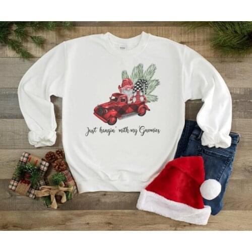 Merry Christmas Cotton Hoodies Just Hangin' With My Gnomies Graphic Sweatshirt Hipster Colored Plaid Unisex Jumper Crewneck