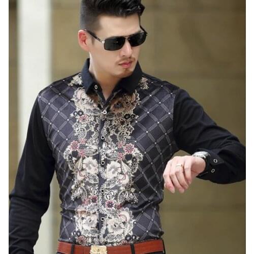 Brand Silk Luxury Cotton Flower Print Shirts Mens Fashion Long Sleeve Spring Summer Business Dress Floral Shirt S-3XL