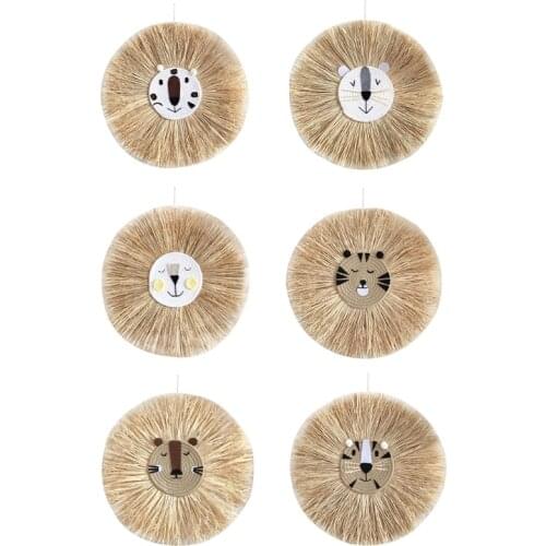 E7CB Nordic Hand-Woven Tiger Lion Wall Decoration Handmade Raffia Hanging Ornament