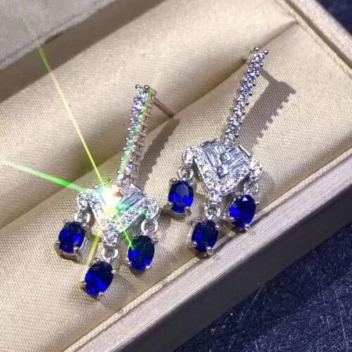 Natural And Real Blue Sapphire Earrings 925 Sterling Silver Earrings for Women Wedding Engagement Earrings