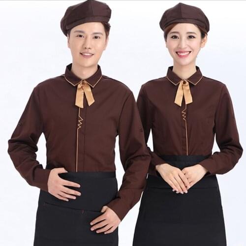 Hotel Restaurant Waiter Uniforms Coffee Shop Waitress Long Sleeve Work Shirt+Apron+Tie Set Beer Bar Worker Clothing Wholesales