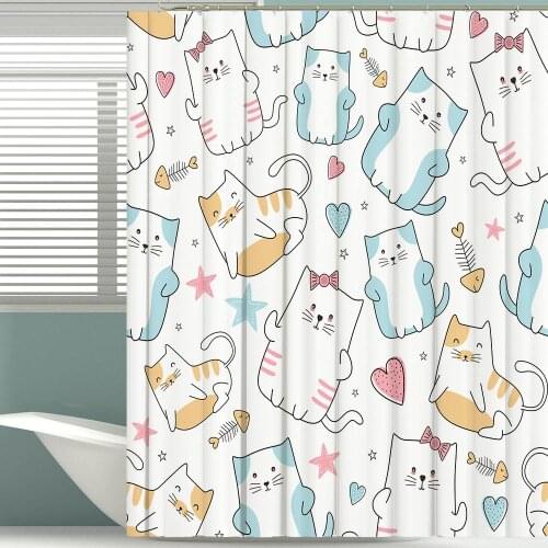 Cartoon Cat/Penguin Shower Curtain Set Polyester Waterproof Curtains Cute Animals Home Bathroom Decor With Hooks