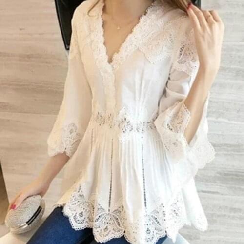 2019 Moda VerAo Mulheres Blusas Sete-peCa Com Decote Em V Roupas Femininas Casual White Lace SOlidos Alargamento