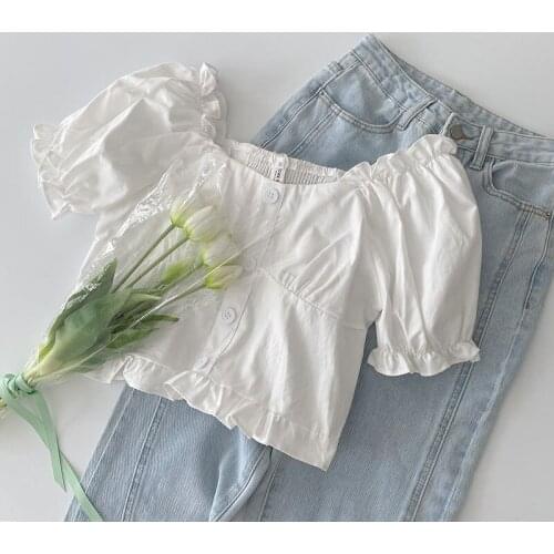 Sweet Style White Women Shirts Summer New Design 2021 Slash Neck Puff Sleeved Short Empired Female Outwear Tops