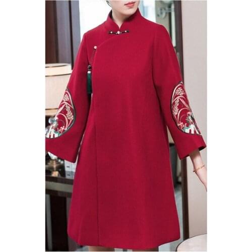 Autumn winter original design Chinese style pattern Embroidered long-section woolen jacket outerwear with cotton liningfor women