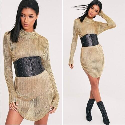 Women Waist Belt Vintage Waistband Faux Leather Bandage Lace Up Cross Hollow Out Elastic Sexy Wide Waistband Black Leather Belt