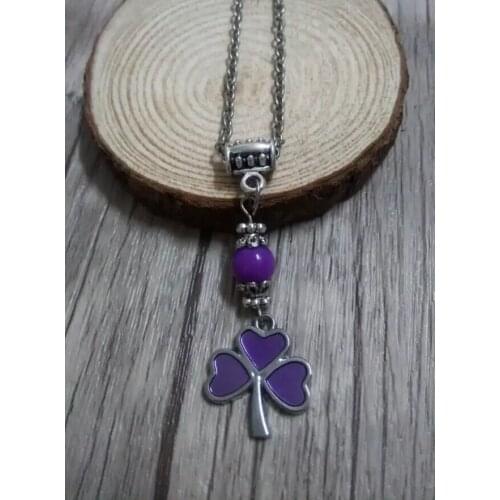 Fashion Choker Vintage ALLOYGREEN 3-LEAF CLOVER IRISH SHAMROCK CORD Purple beads Necklace&Pendants Women Jewelry B538