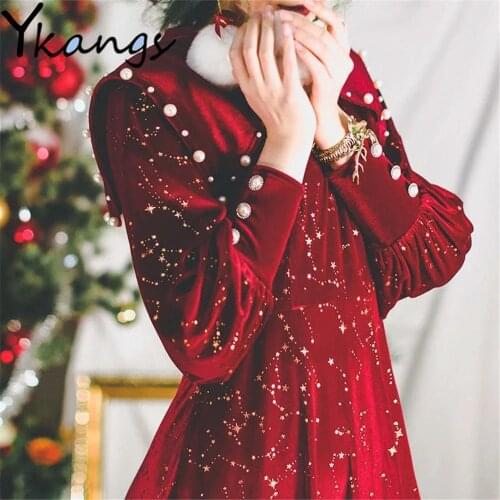 Christmas Vintage Red Pearl Decoration Robe Femme Autumn Winter Sailor Collar Lantern Sleeve Elegant Dress Korean For Women 2021