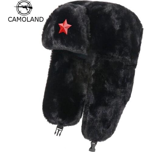 CAMOLAND Winter Faux Fur Bomber Hats For Women Men Warm Earflap Caps Soviet Army Military Russia Ushanka Snow Caps