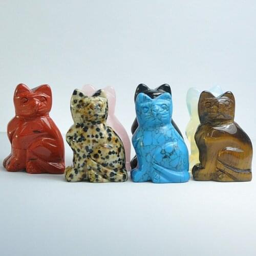 1PC Natural Crystal Cat Statue Gemstone Carving Healing Crystal Obsidian Animals Stone Figurines Reiki Craft Home Decoration 2in