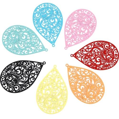 5 PCs Iron Alloy Drop Flowers Filigree Stamping Pendants Hollow Filigree Painted Charms For DIY Earring Jewelry Making 55 x 34mm