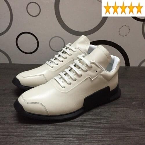 White Autumn Mens Casual Comfortable Lace-Up Platform Genuine Leather Sneakers Fashion Men Trainers Walking Active Shoes