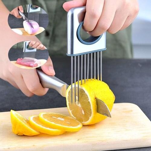 Safe Aid Holder Stainless Steel Onion Needle Food Slice Assistant Fork Vegetables Fruit Slicer Tomato Cutter Cutting