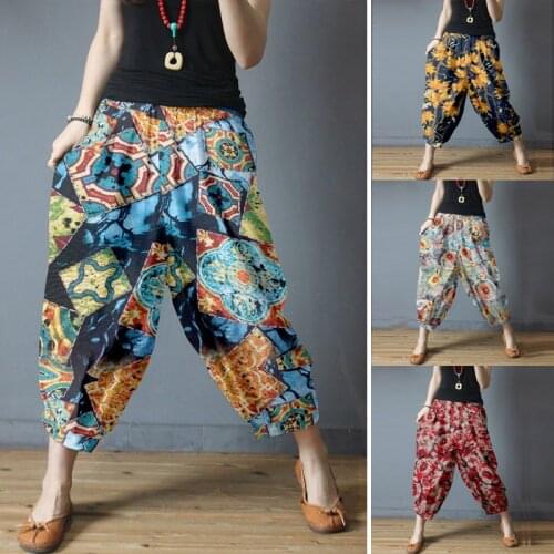 Womens cotton linen pants female summer new style loose high waist printed plaid large size casual nine-point carrot pants