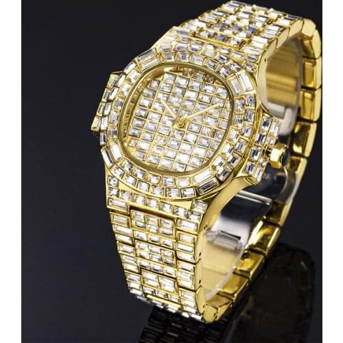 Iced Out Luxury Men Wrist Quartz Watch with Full Zircon Waterproof Gold Stainless Steel Wristwatch Women Diamond Watches