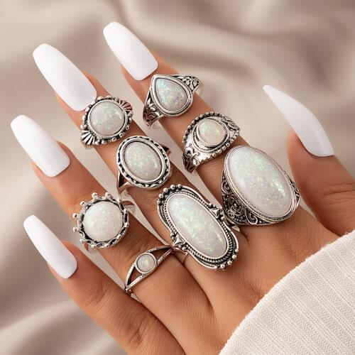 Docona 8pc Vintage Silver Color Wide Knuckle WaterDrop Rhinestone Midi Finger Ring Sets Stacking Finger Jewelry for Women 6421