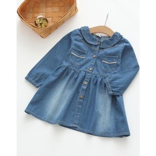 New Baby Girls Denim Dress Child Turn-down Collar Cotton Dresses Girls Long-sleeve Dresses Kids Dress-style blouses