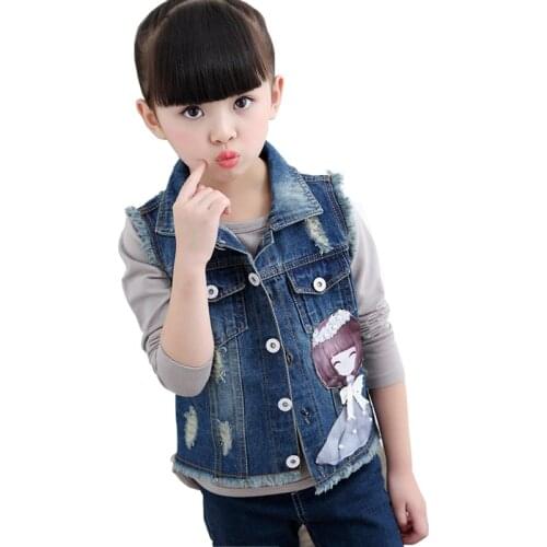 Children Denim Girls Vests Kids Clothes Cute Cartoon Girl Jeans Waistcoat Sleeveless Girls Outerwear Jacket BC250