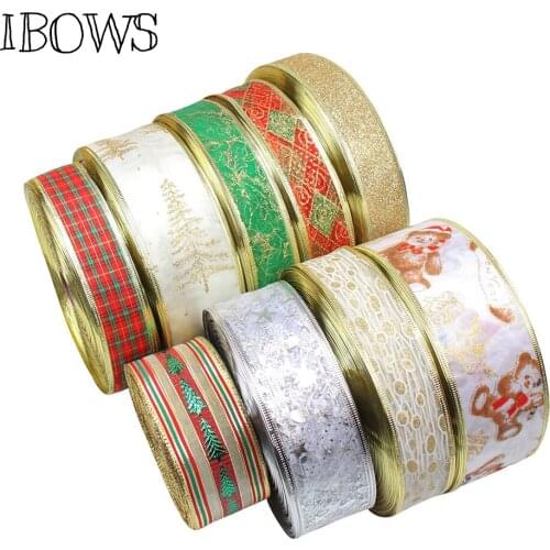 IBOWS 5yards Christmas Ribbon Organza Stain Printed Ribbon for DIY Xmas Bows Materials Festival Party Decoration Gift Package