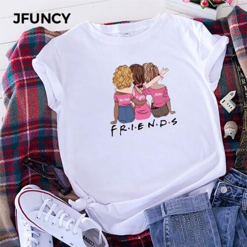 JFUNCY Plus Size Woman Tops 2020 New Women Cotton T Shirt Best Friends Cartoon Printed Female Tee Summer Short Sleeve T-shirt