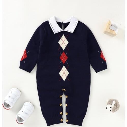 Newborn Baby Girl Boy Turn-down Collar Rompers Solid Knitted Clothes For Kids Autumn Romper 2021