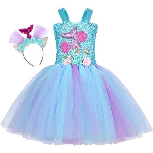 Toddler Girl Lace Dress Mermaid Tutu Dress Girls Birthday Party Princess Dresses Halloween Costume Outifts with Headband