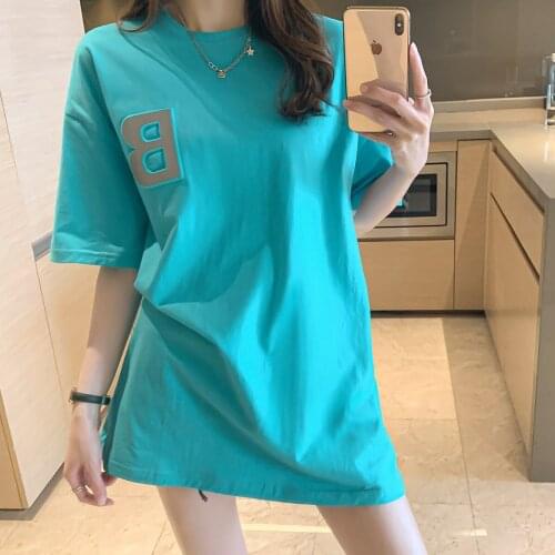 Summer T-shirts Harajuku Oversized T-shirts Womens Solid Color 95% Cotton Korean Fashion Girls Tees Loose Soft Tops Black Blue