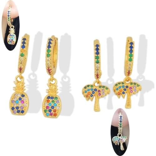 Cute Palm Tree Earrings Dangle Plated Gold Copper Zirconia Fashion Earrings CZ Stone Tiny Pineapple Drop Earrings Zircon Jewelry