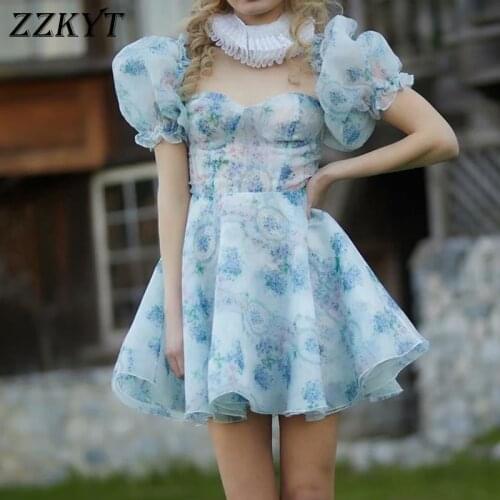 ZZKYT 2021 Women Summer Vintage Sweet Floral Print Mini Dress Fashion Square Collar Puff Sleeve Party Female Dresses Vestidos