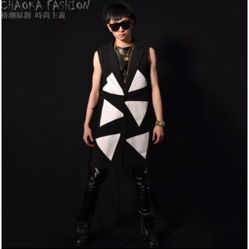 Men long vest Triangle stitching clothing camiseta tirantes hombre personalized singer dance stage street star style dress