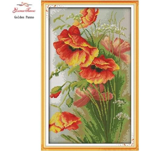 Golden Panno,Needlework,Embroidery,DIY Floral Painting,Cross stitch,kits,11ct Poppy Flower home Cross-stitch,Sets For Embroidery