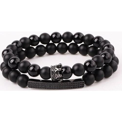 New Fashion Natural Stone Matte Onyx CZ Pave Crown Charm Beads Elastic Bracelet Set For Men
