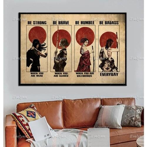 Samurai Poster,Be Strong Brave Humble Badass Prints,Japanese Girl Red Moon Wall Art,Japan Canvas, Quotes Home Decor Unique Gift